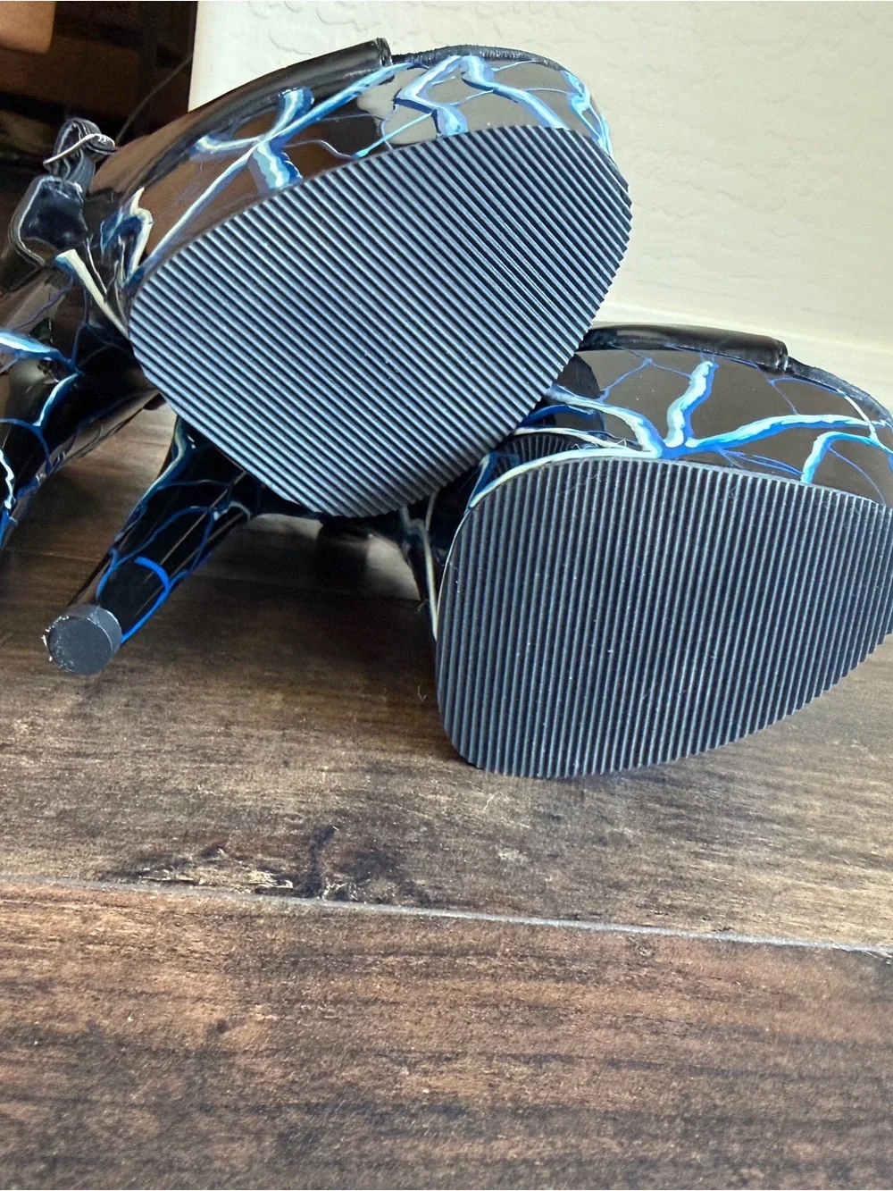 Black Pleaser Platform Heels with Blue Lightning Accent
